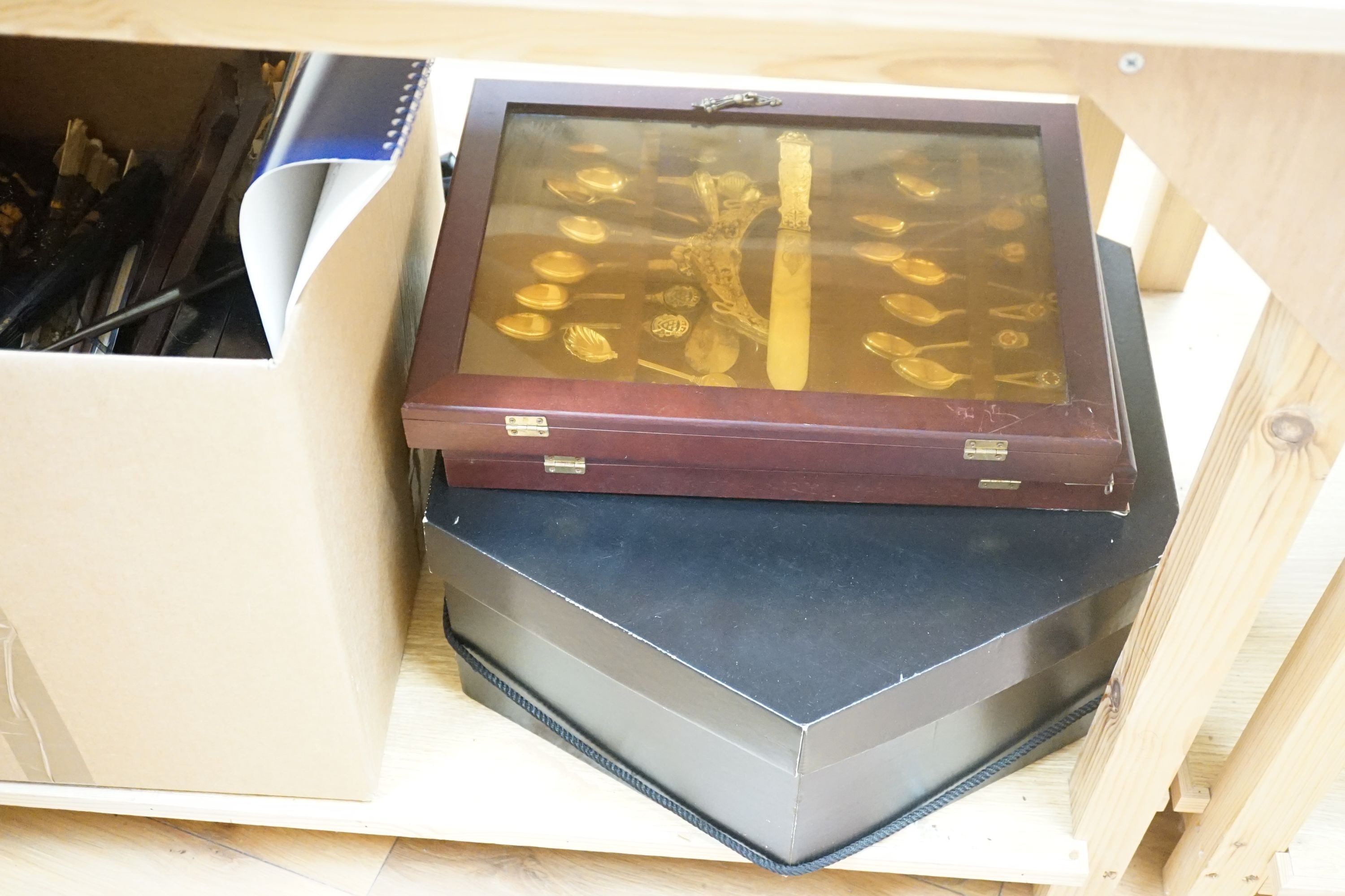 A quantity of lace makers items, Victorian parasols, 7 other fans, a fan frame, a 900 silver bag mount, a silver mother of pearl page turner, and other items